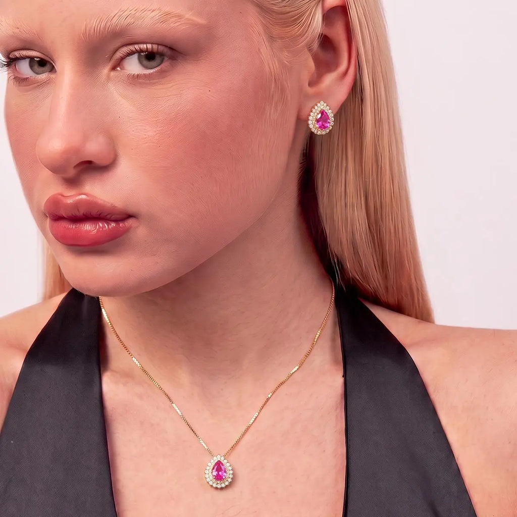 Conjunto Folheado a Ouro Brinco e Colar de Gota com Cristal e Zircônias