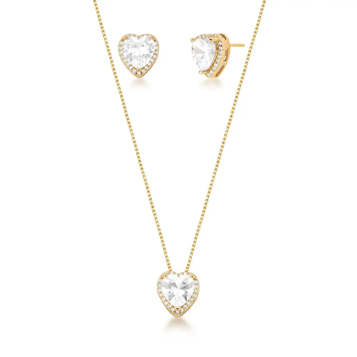 Conjunto Colar e Brinco de Coração com Cristal e Zircônias