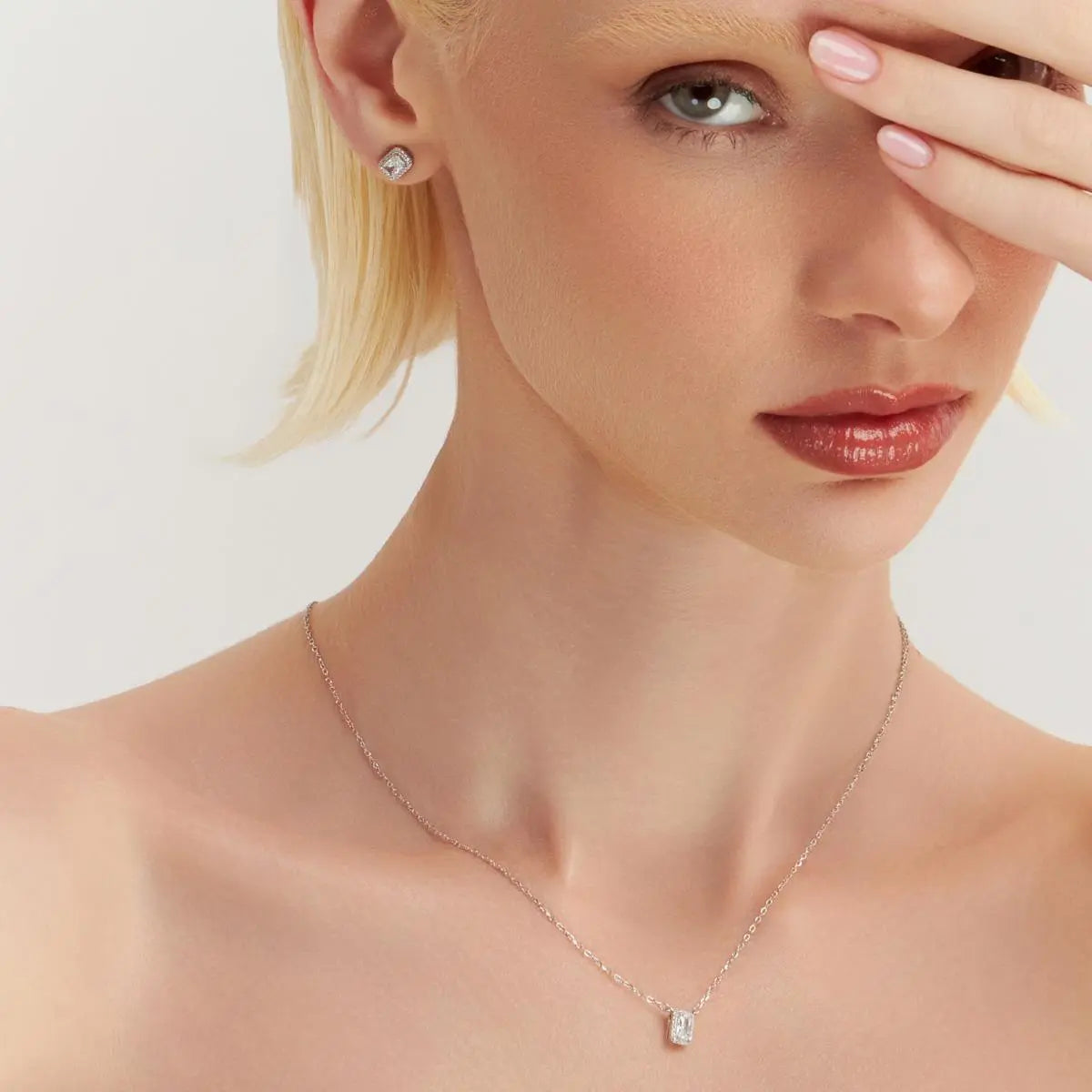 Conjunto de Prata 925 Brinco e Colar com Cristal Retangular