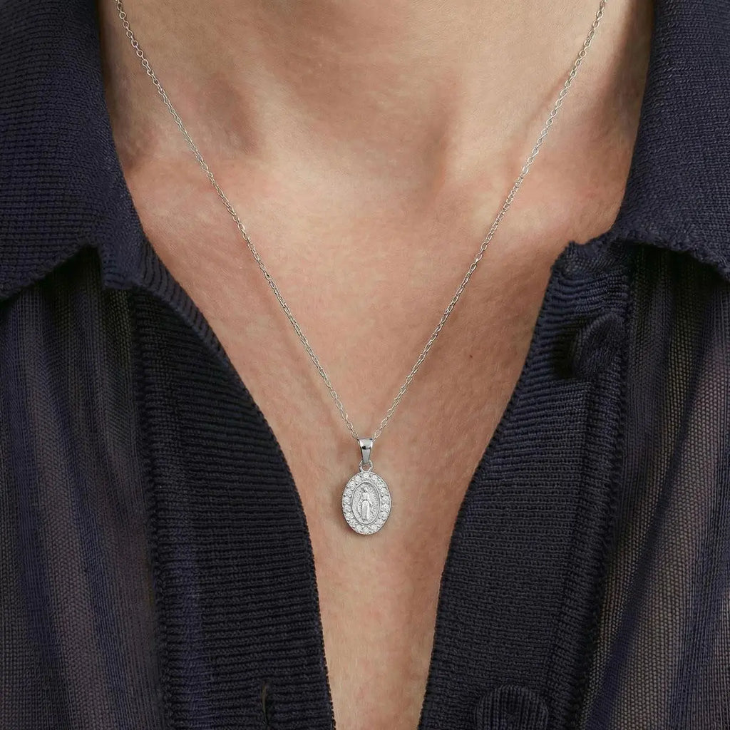 Pingente de Prata 925 Oval com Imagem Nossa Senhora das Graças