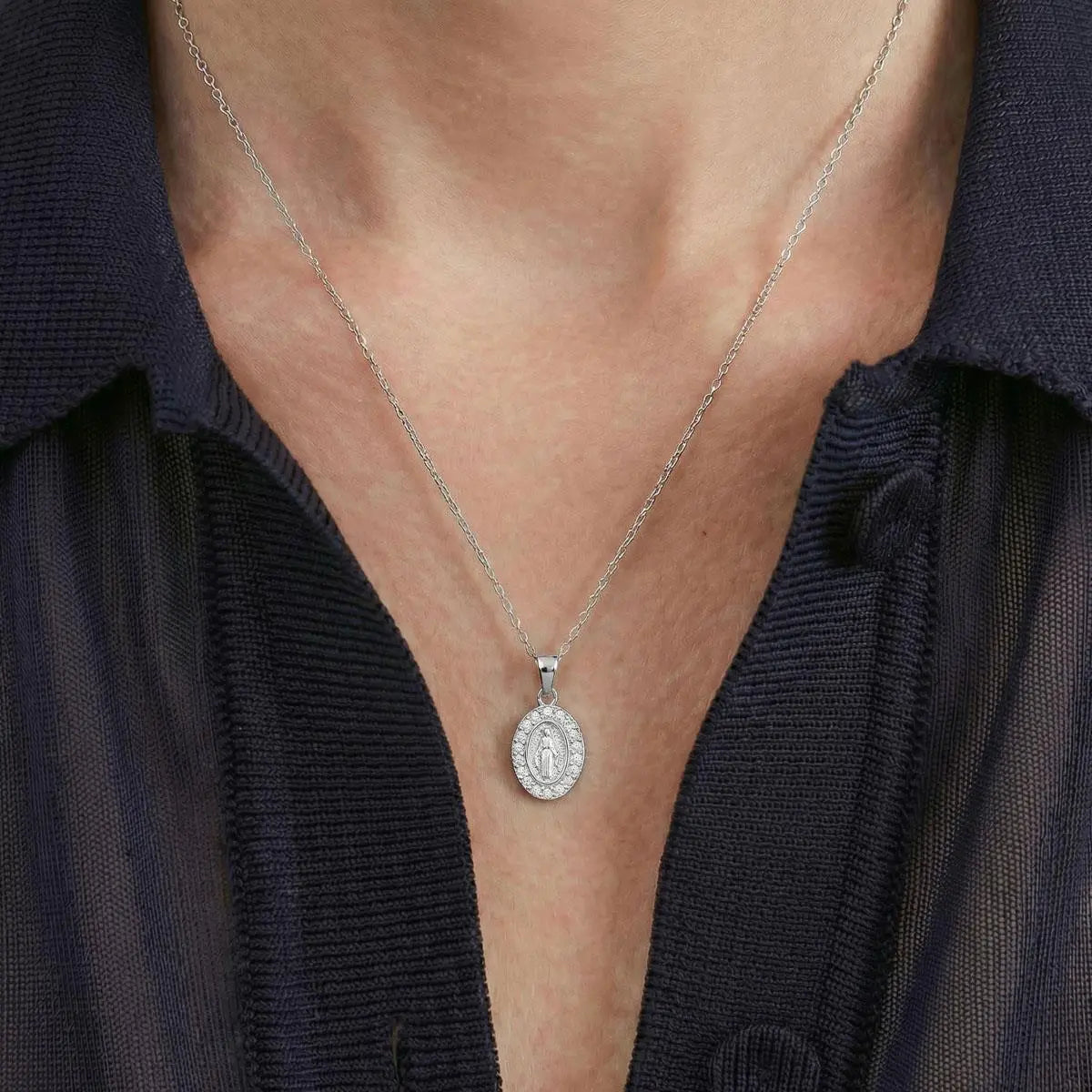 Pingente de Prata 925 Oval com Imagem Nossa Senhora das Graças