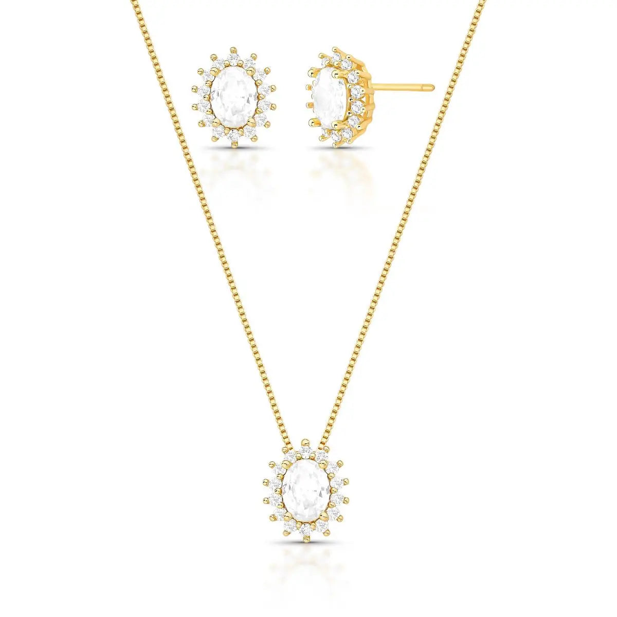 Conjunto Brinco e Colar com Cristal Oval e Zircônias