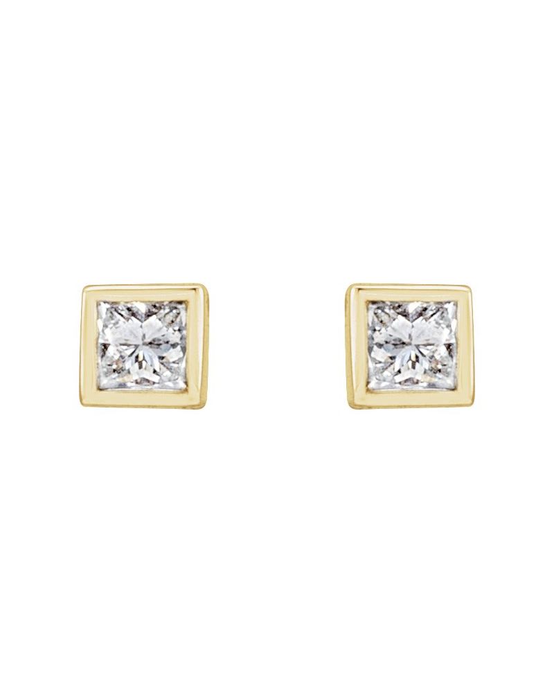 Brinco Ponto de Luz Quadrado com Cravação Bezel em Ouro 14k com Diamantes de Laboratório