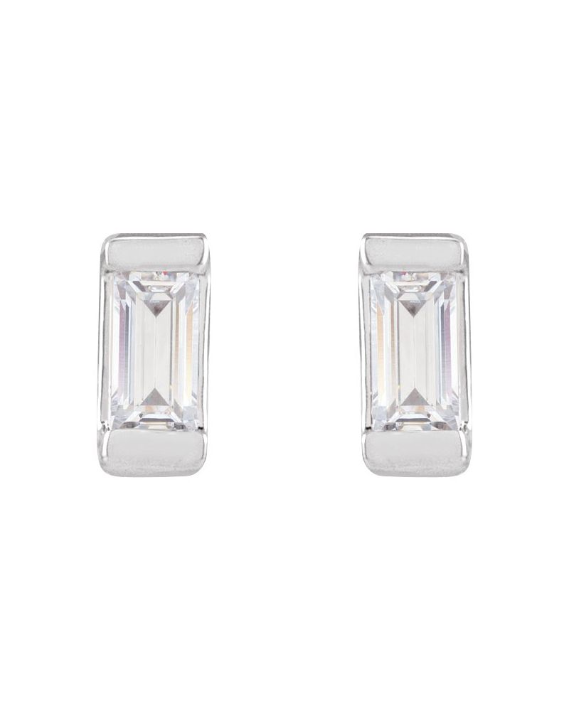 Brinco Ponto de Luz Baguete com Cravação Bezel em Ouro 14k com Diamantes de Laboratório