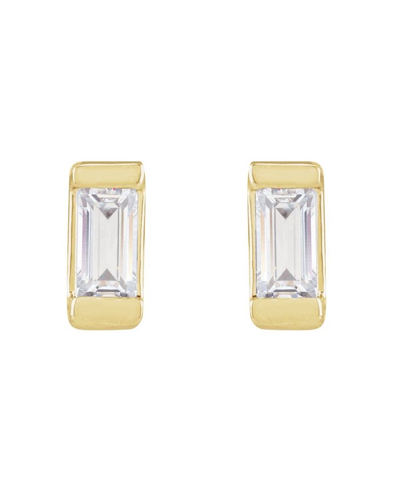 Brinco Ponto de Luz Baguete com Cravação Bezel em Ouro 14k com Diamantes de Laboratório