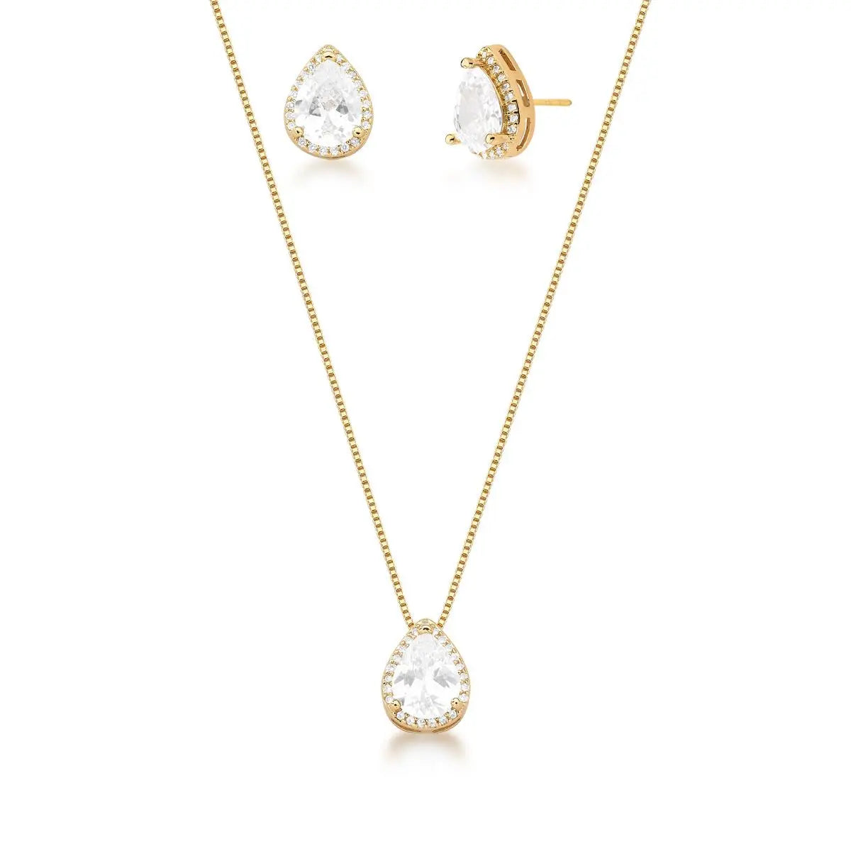 Conjunto Brinco e Colar com Cristal de Gota e Zircônias