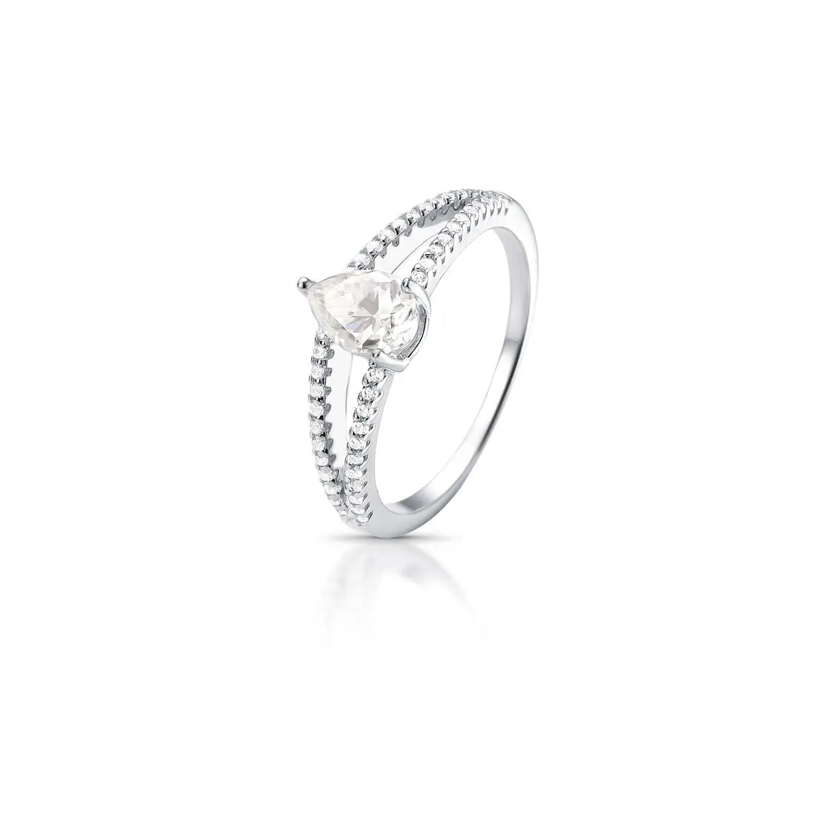Anel de Prata 925 Duas Voltas com Pedra Gota Moissanite 7x5mm
