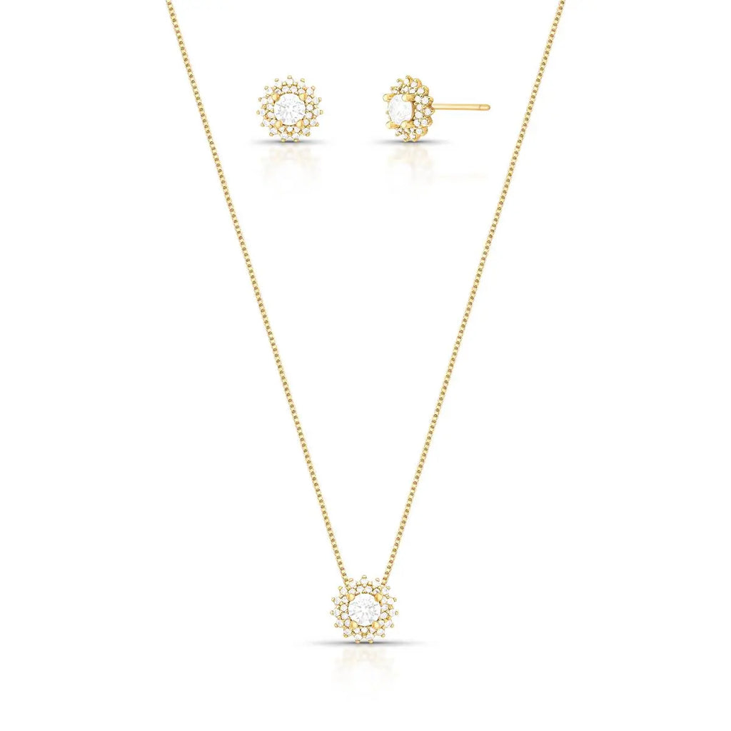 Conjunto Folheado a Ouro Brinco e Colar de Flor com Cristal Redondo e Zircônias