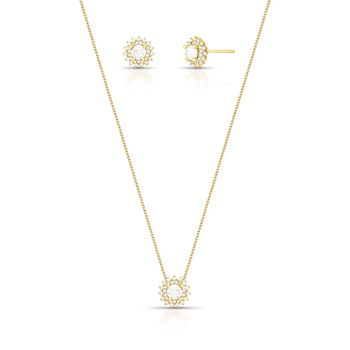 Conjunto Folheado a Ouro Brinco e Colar de Flor com Cristal Redondo e Zircônias