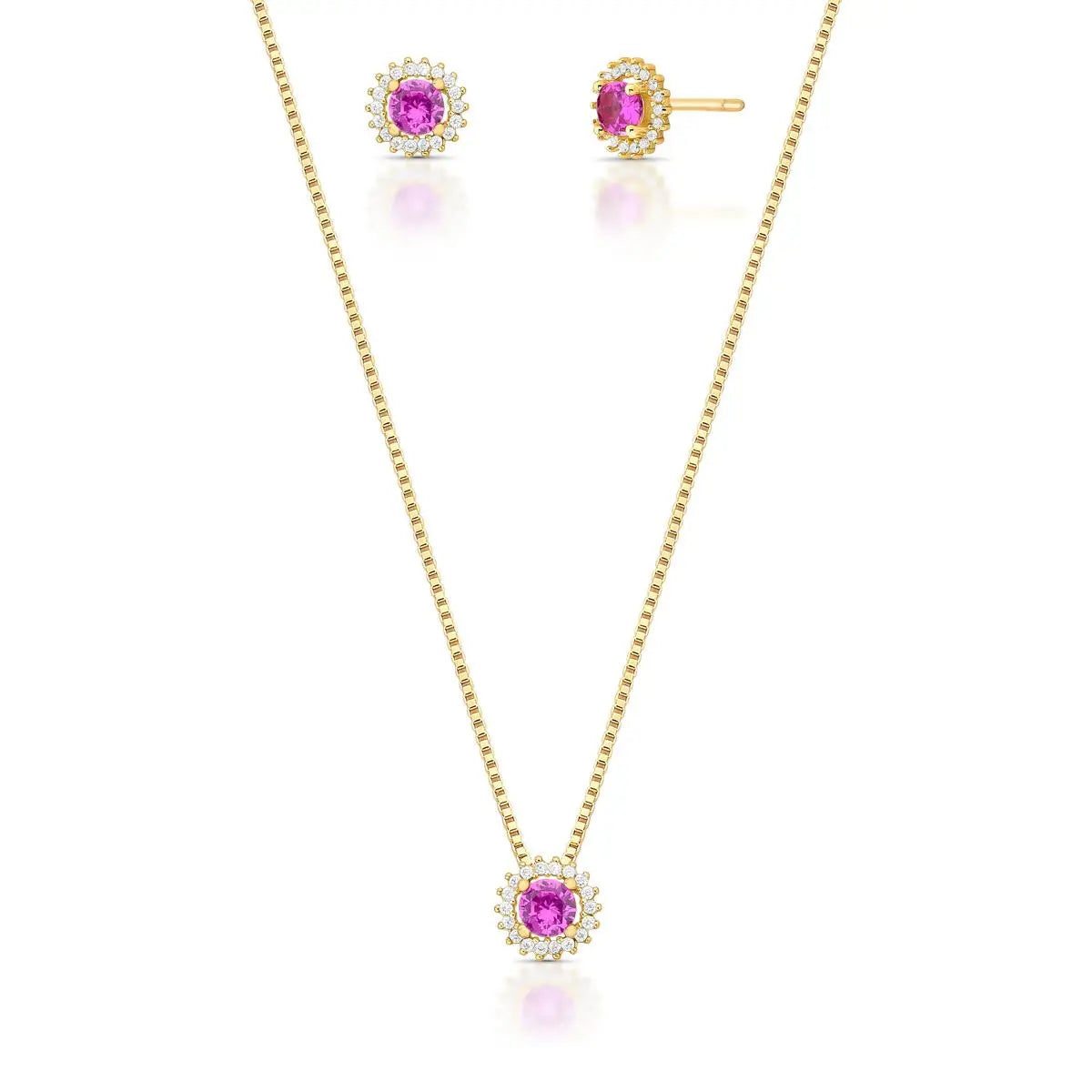Conjunto Folheado a Ouro Brinco e Colar com Cristal Redondo e Zircônias