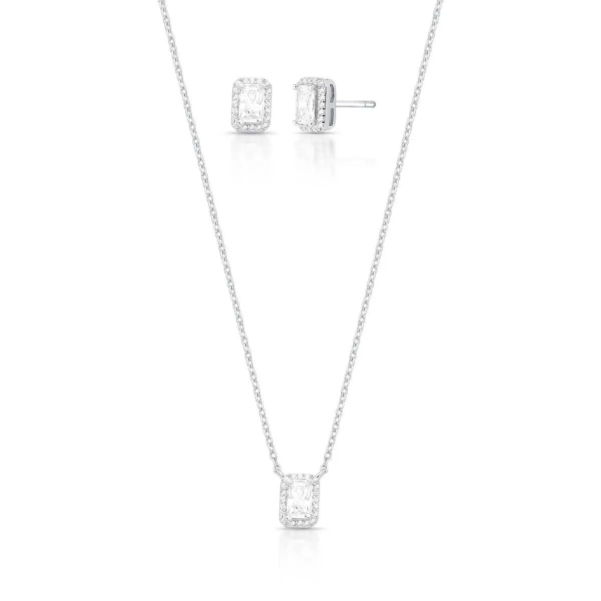 Conjunto de Prata 925 Brinco e Colar com Cristal Retangular