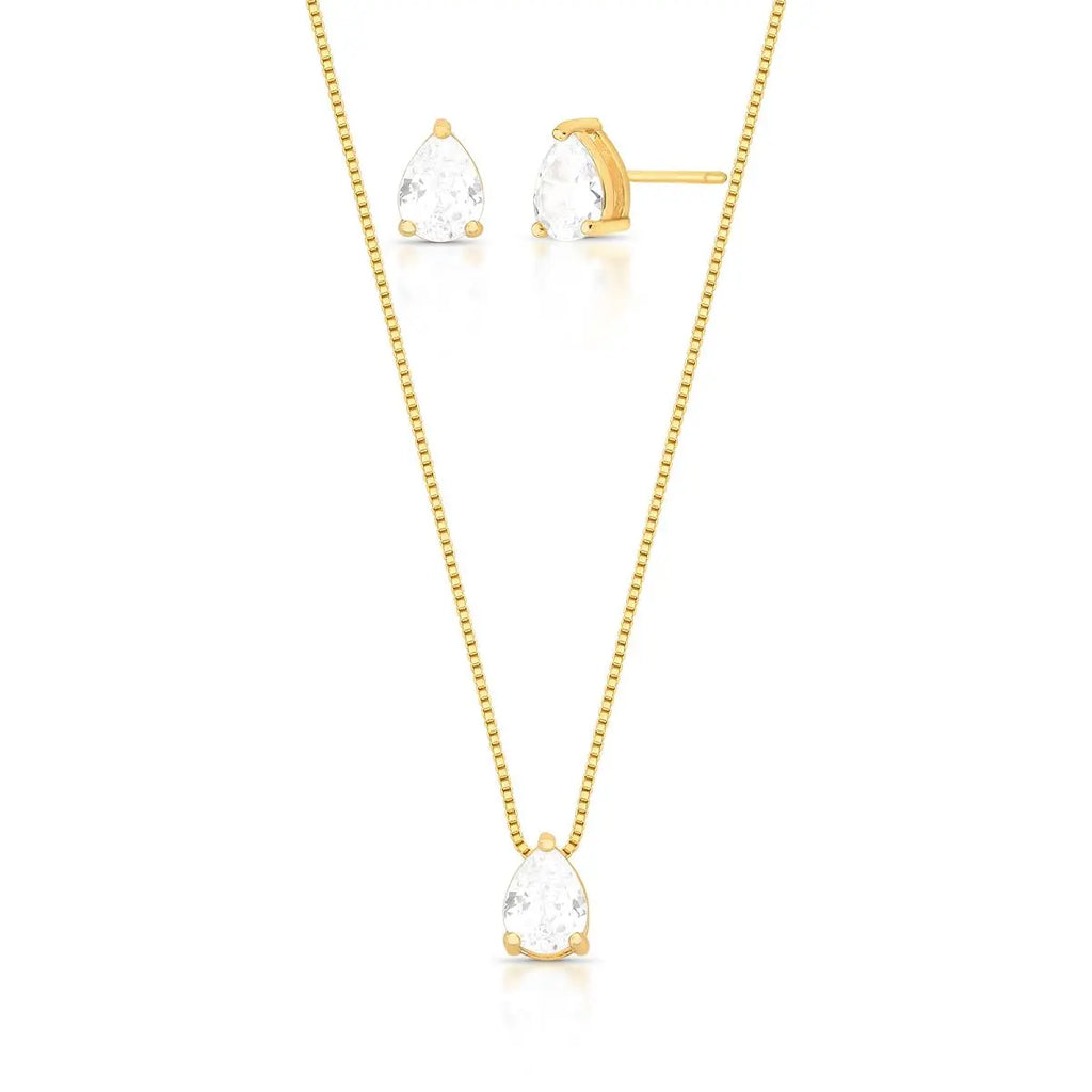 Conjunto Brinco e Colar com Pingente de Gota em Cristal