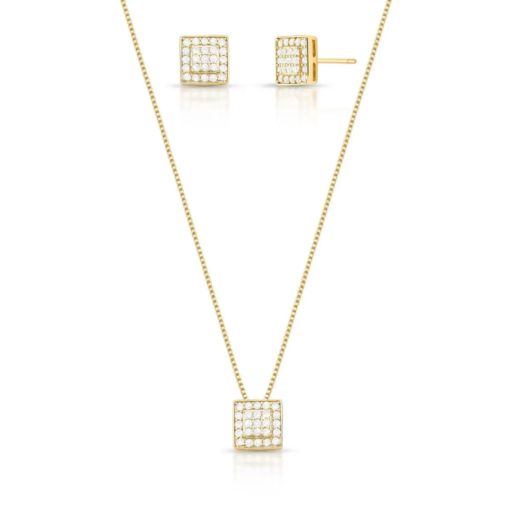Conjunto Folheado a Ouro Brinco e Colar com Pingente Quadrado em Zircônias