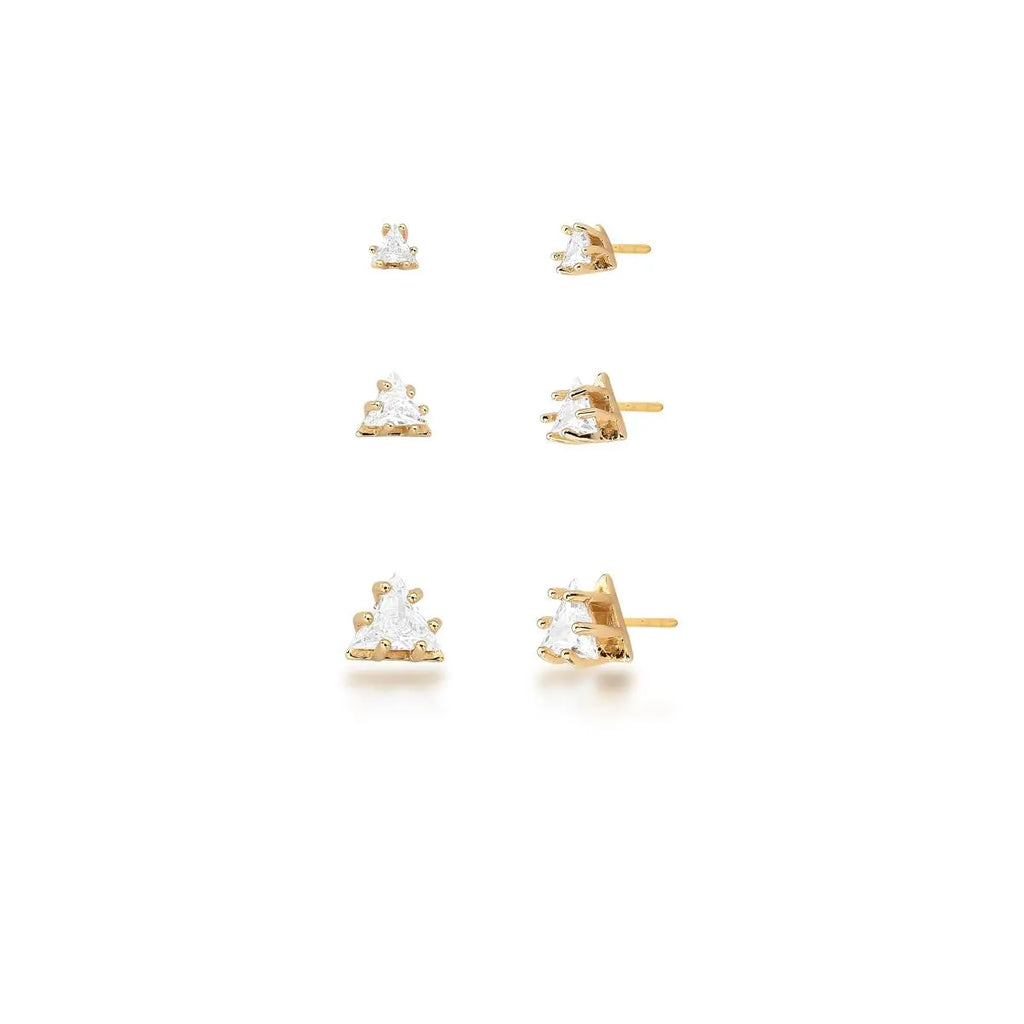 Kit Três Pares Brinco Cristal Triangular Branco Banhado a Ouro