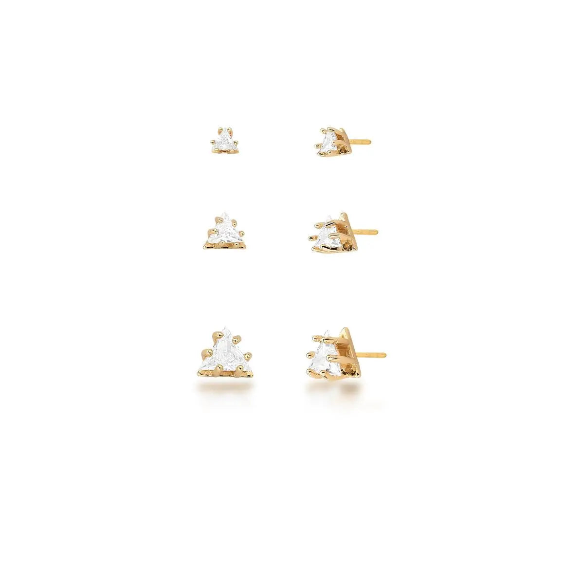 Kit Três Pares Brinco Cristal Triangular Branco Banhado a Ouro