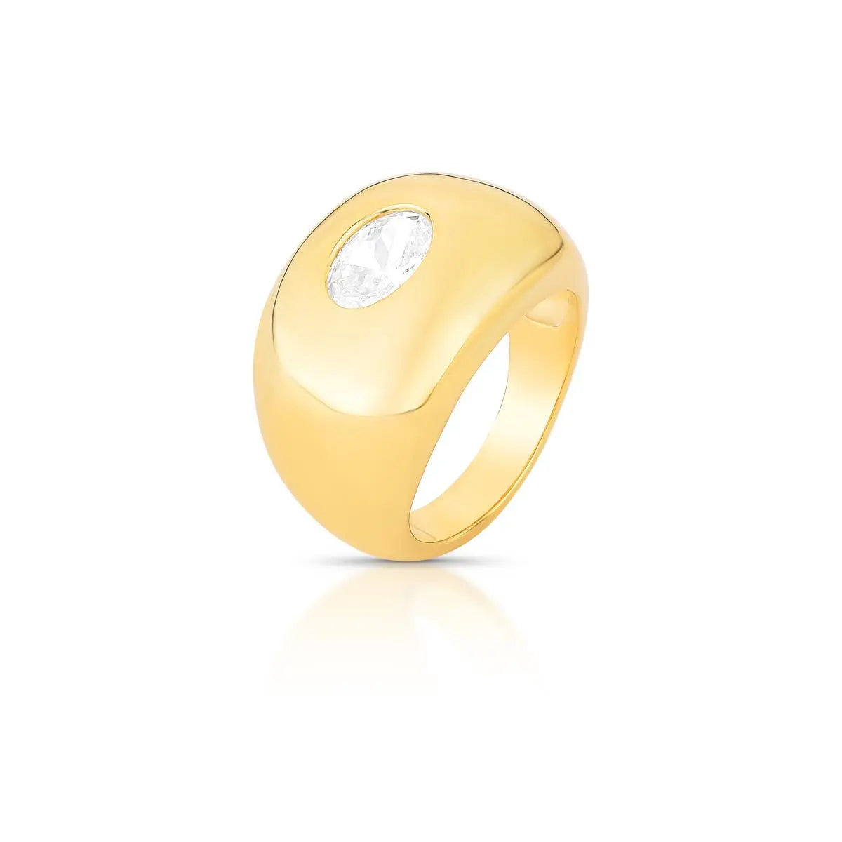 Anel Folheado a Ouro Abaulado com Cristal Oval