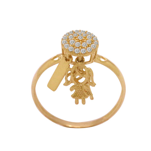 Anel Aro Abaulado Chuveiro Cravejado Zircônias Pingente Casal Placa Lisa em Ouro 18K