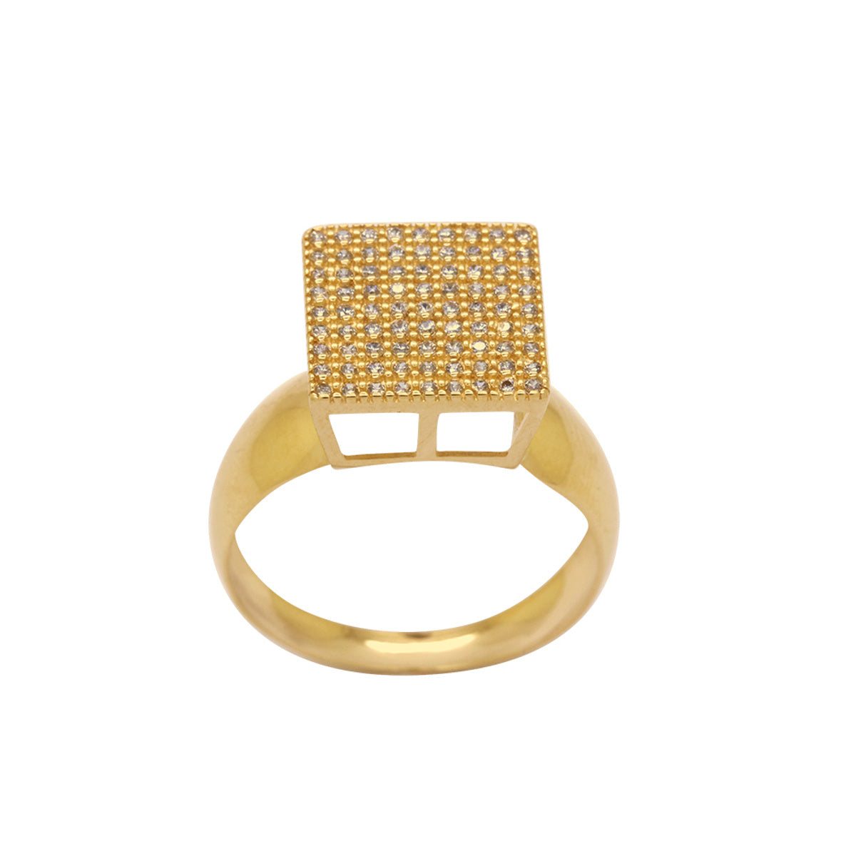 Anel Aro Abaulado Chuveiro Quadrado Zircônias Brancas em Ouro 18K