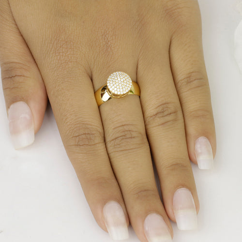 Anel Aro Abaulado Chuveiro Redondo Cravejado Zircônias em Ouro 18K