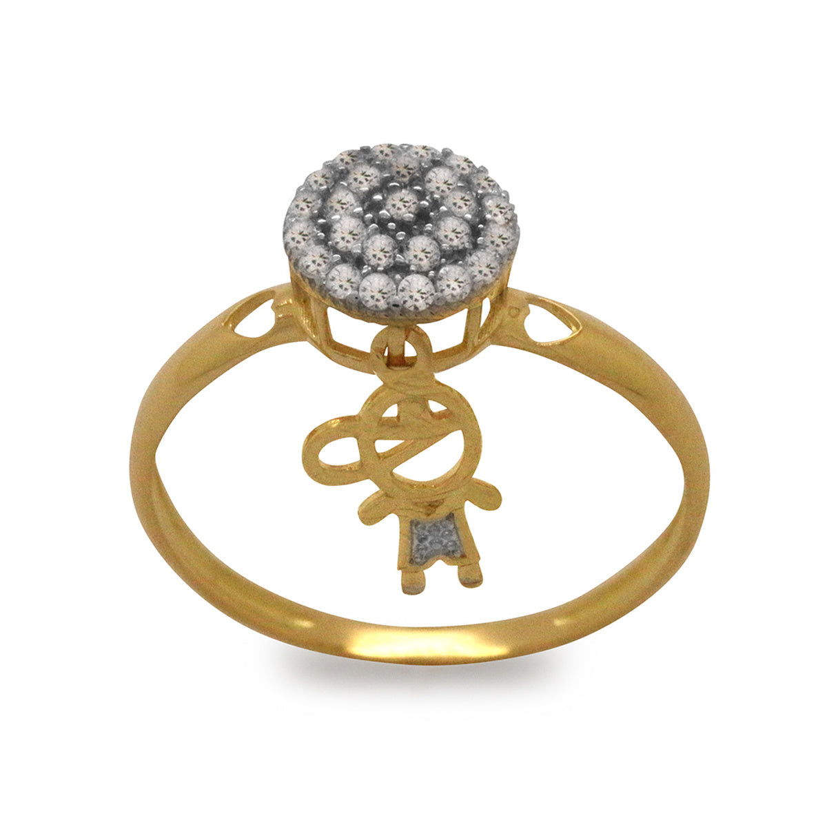 Anel Aro Abaulado Chuveiro Redondo Pingente Menino Cravejado Zircônias Brancas Rodinado em Ouro 18K