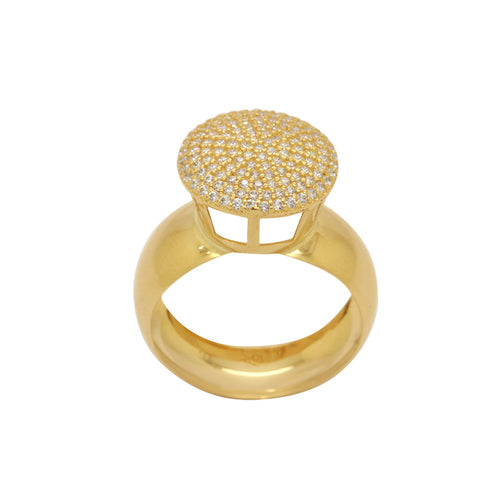 Anel Aro Abaulado Chuveiro Redondo Zircônias Brancas S/R em Ouro 18K