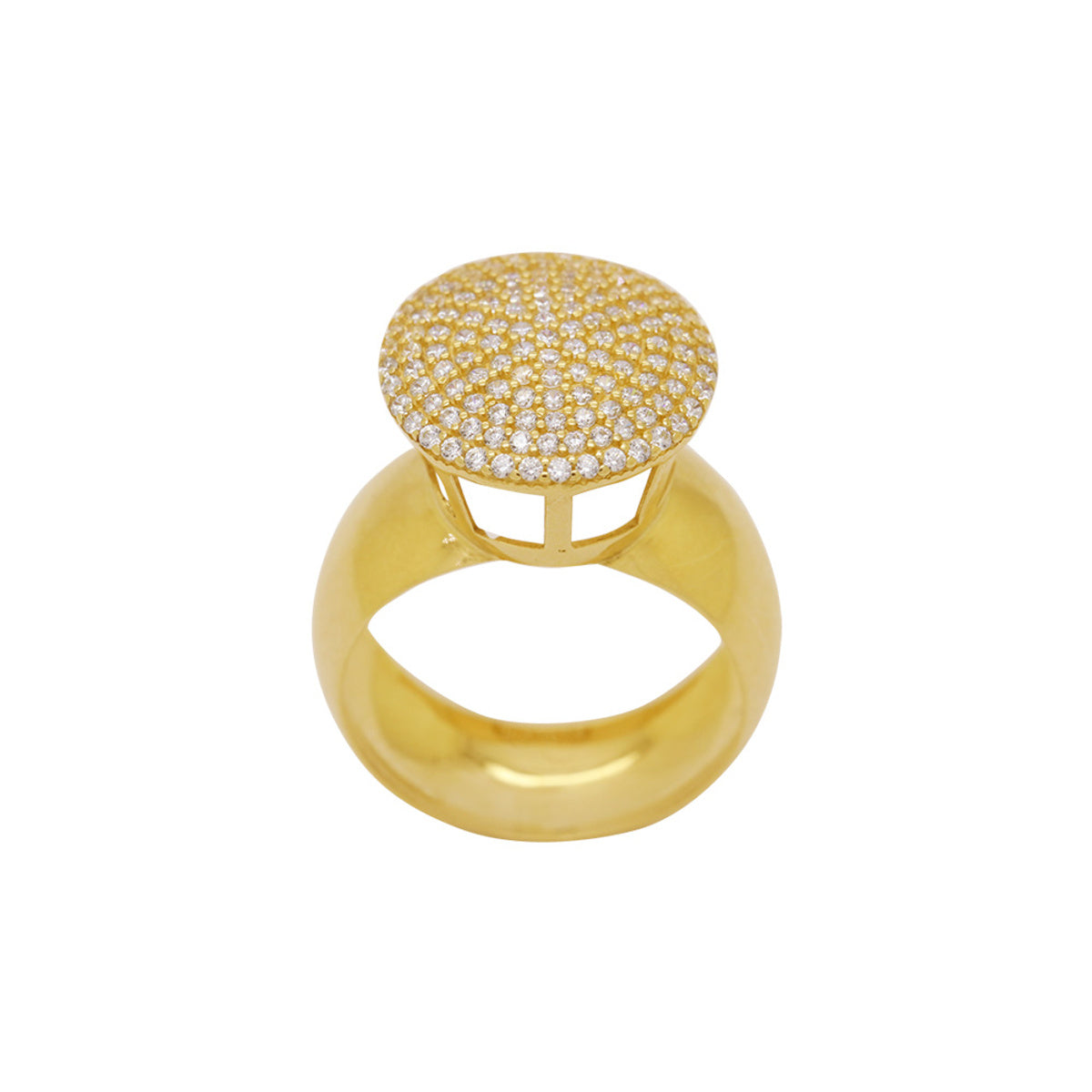 Anel Aro Abaulado Chuveiro Redondo Zircônias Brancas S/R em Ouro 18K