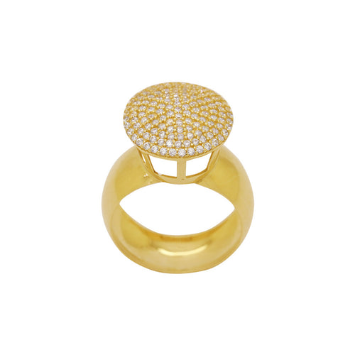 Anel Aro Abaulado Chuveiro Redondo Zircônias Brancas S/R em Ouro 18K