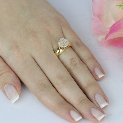 Anel Aro Abaulado Chuveiro Sextavado Zircônias em Ouro 18K