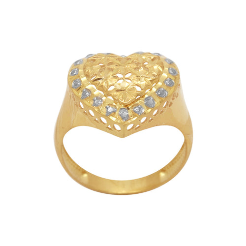 Anel Aro Abaulado Coração Vazado Trabalhado Cortes Diamantados Rodinado em Ouro 18K
