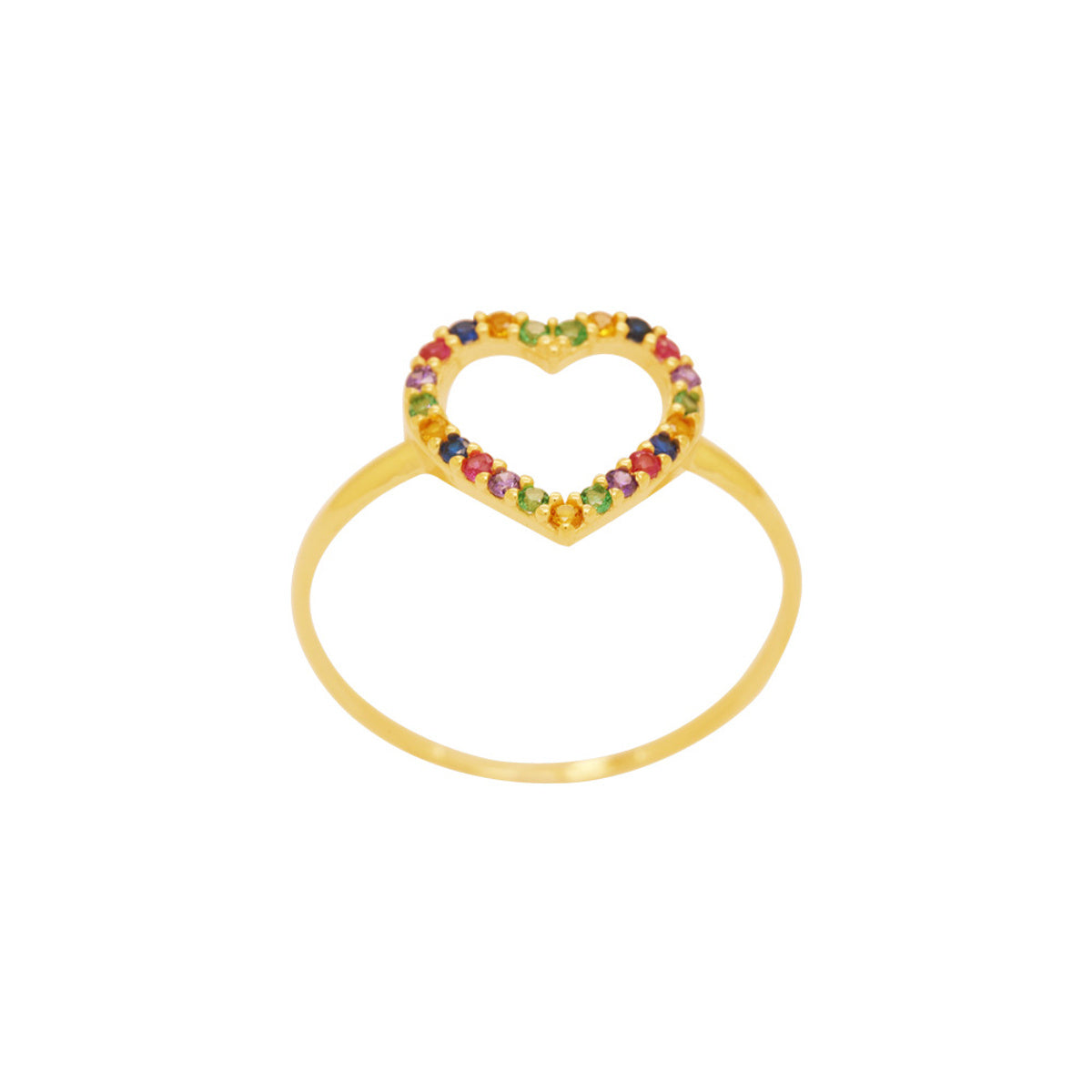Anel Aro Abaulado Coração Zircônias Coloridas em Ouro 18K