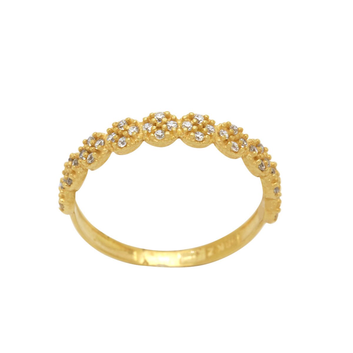 Anel Aro Abaulado Flores Zircônias Brancas em Ouro 18K
