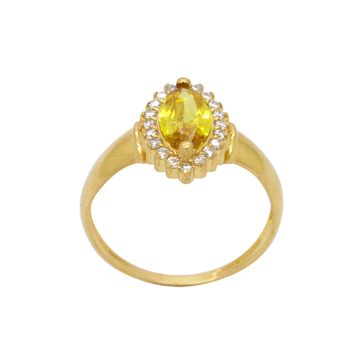 Anel Aro Abaulado Pedra Amarela Navete 5x9 mm Borda Cravejada Zircônias em Ouro 18K