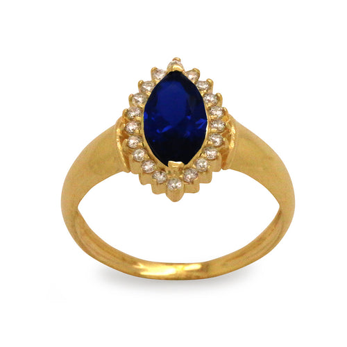 Anel Aro Abaulado Pedra Amarela Navete 5x9 mm Borda Cravejada Zircônias em Ouro 18K