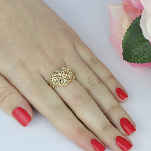 Anel Aro Abaulado Trabalhado Pipoca Coração Asteriscos Diamantados em Ouro 18K
