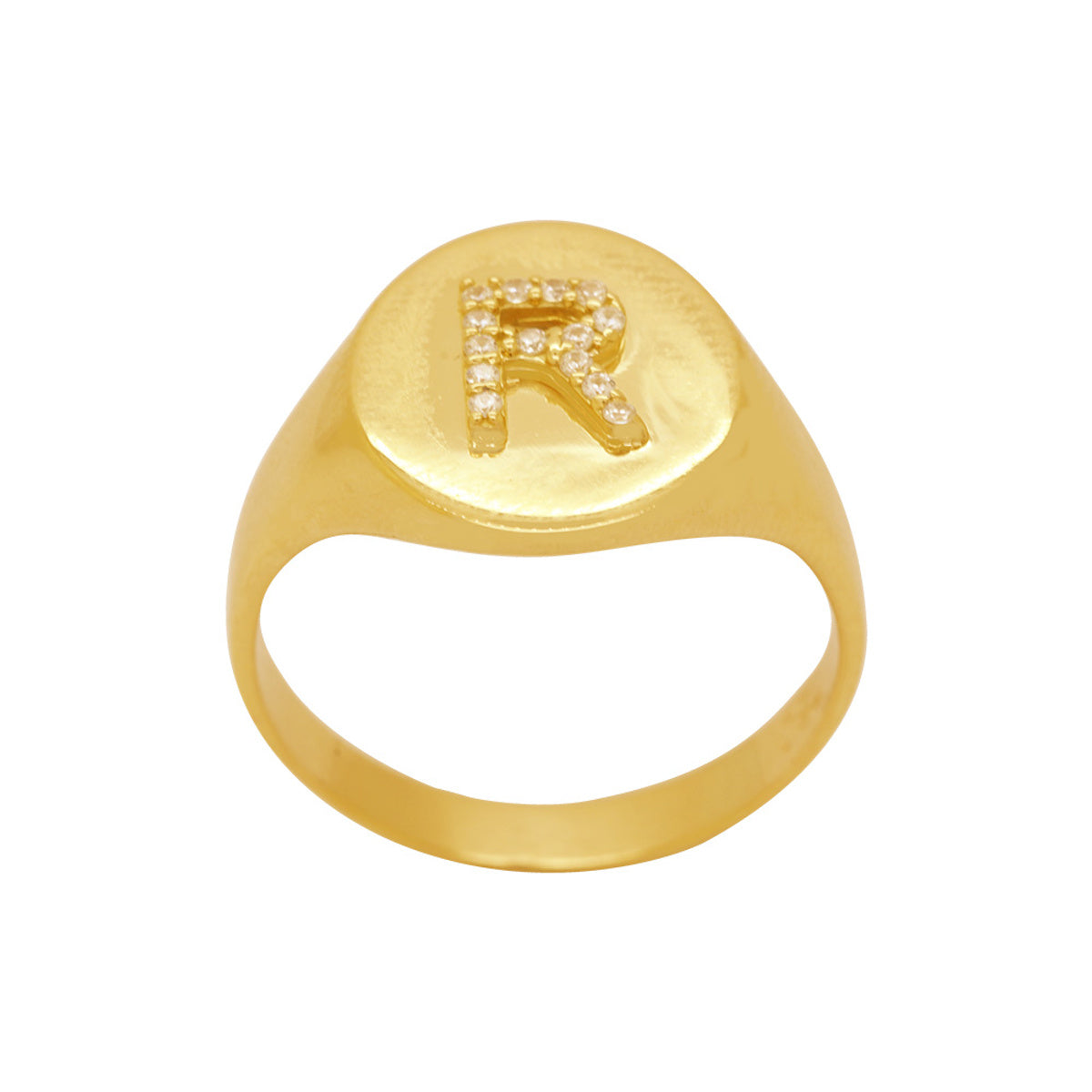 Anel Aro Chapa Letra R Zircônias Brancas em Ouro 18K