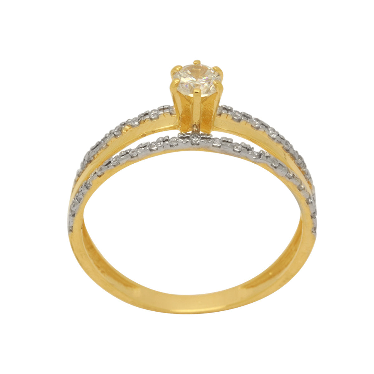 Anel Aro Chato Centro Fio Liso Solitário Zircônia 4 mm Laterais Cravejadas em Ouro 18K