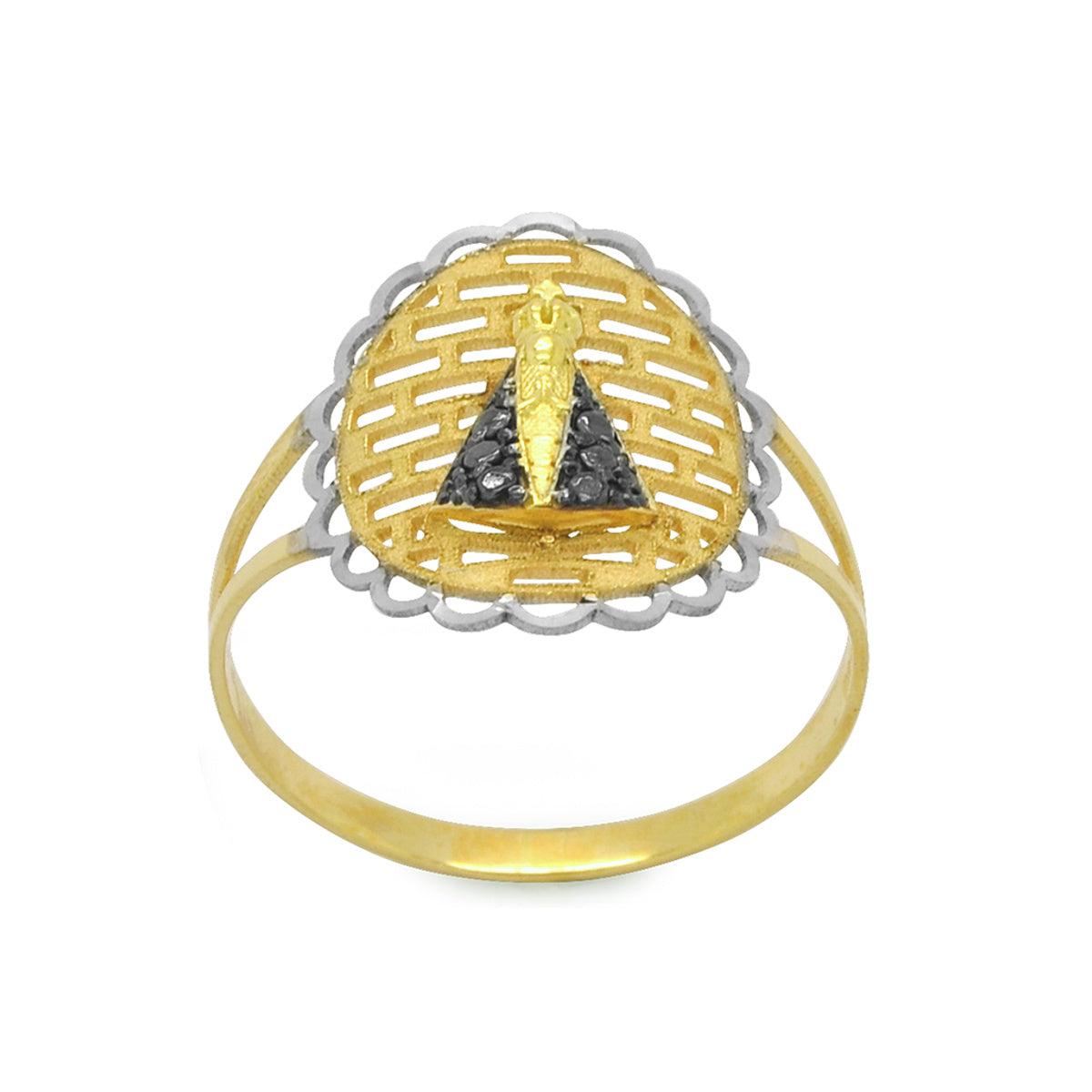 Anel Aro Chato Oval Bordado Vazado Nossa Senhora Aparecida Trabalhada Feminino em Ouro 18K