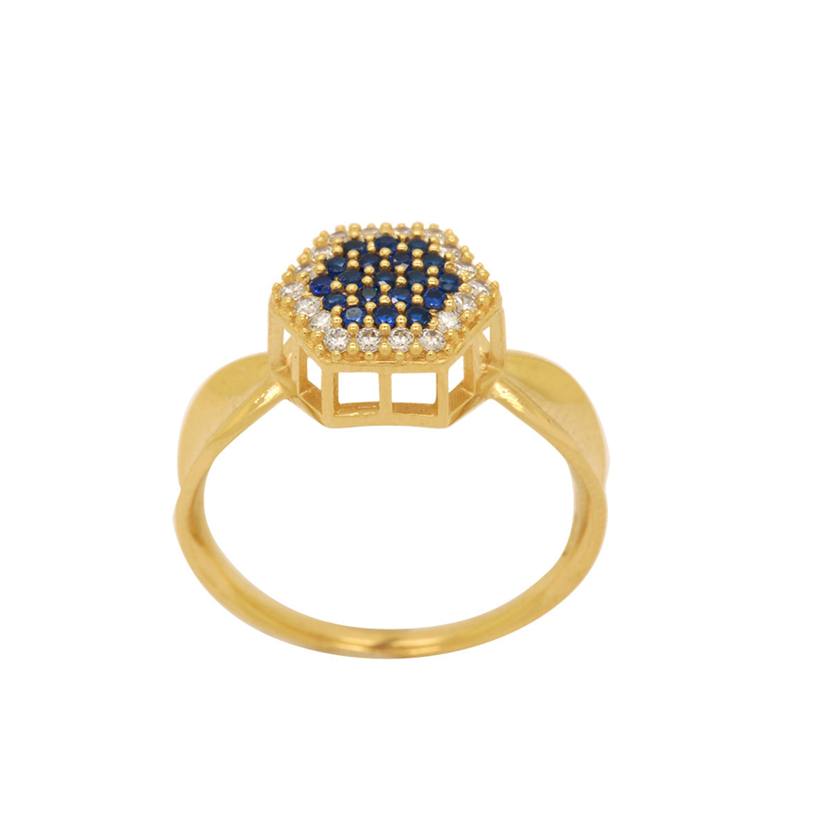 Anel Aro Côncavo Chuveiro Sextavado Zircônias Azuis em Ouro 18K
