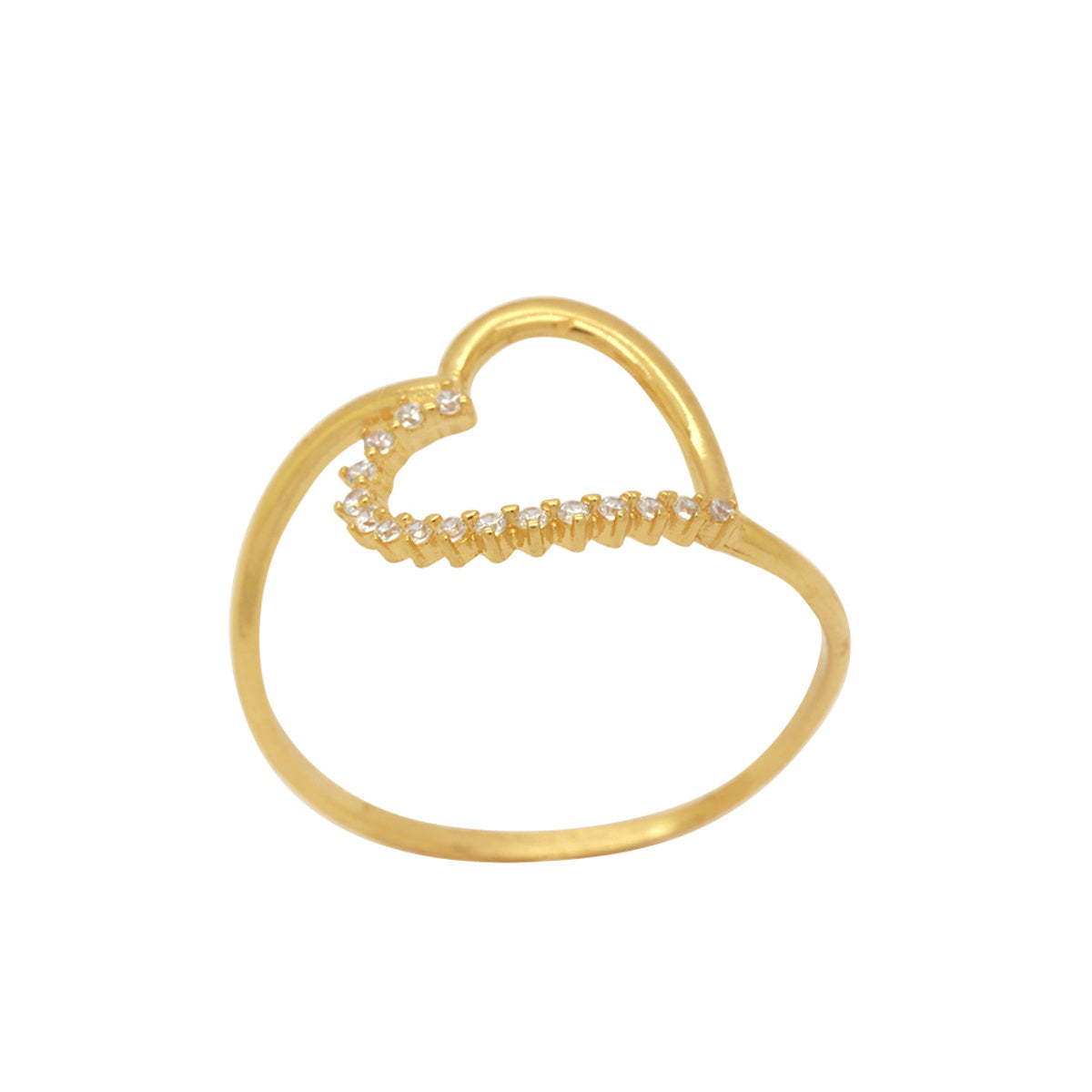 Anel Aro Desencontrado Coração Zircônias Brancas em Ouro 18K