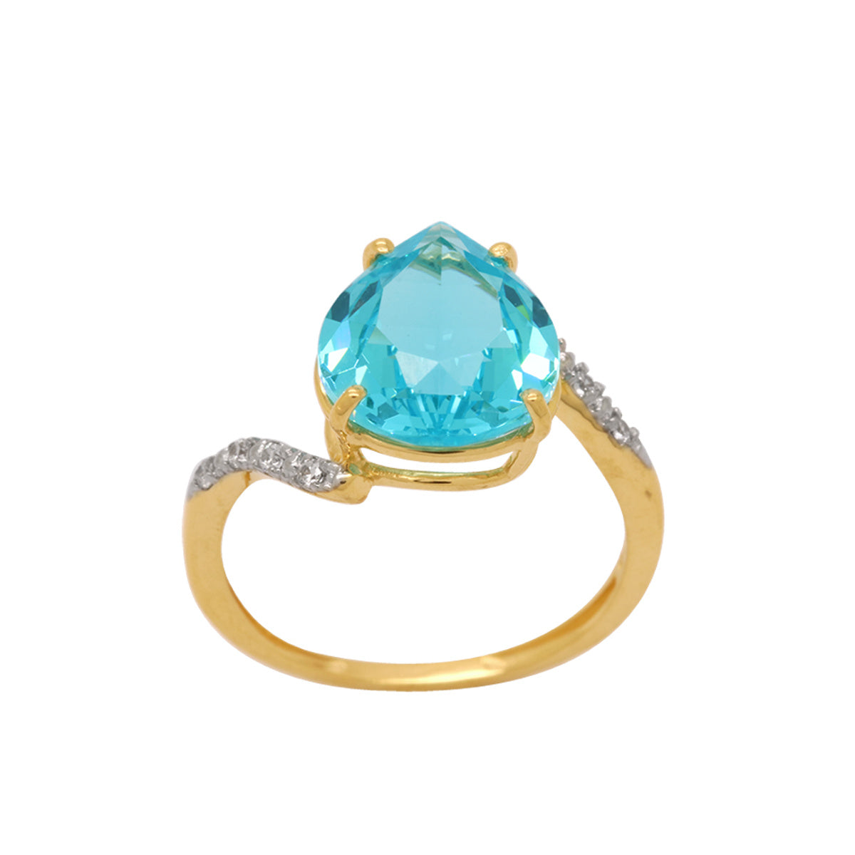 Anel Aro Desencontrado Gota Cristal Azul 10x12 mm Rodinado em Ouro 18K