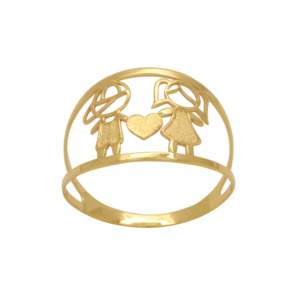 Anel Aro Duplo Casal Coração Trabalhado Acetinado em Ouro 18K