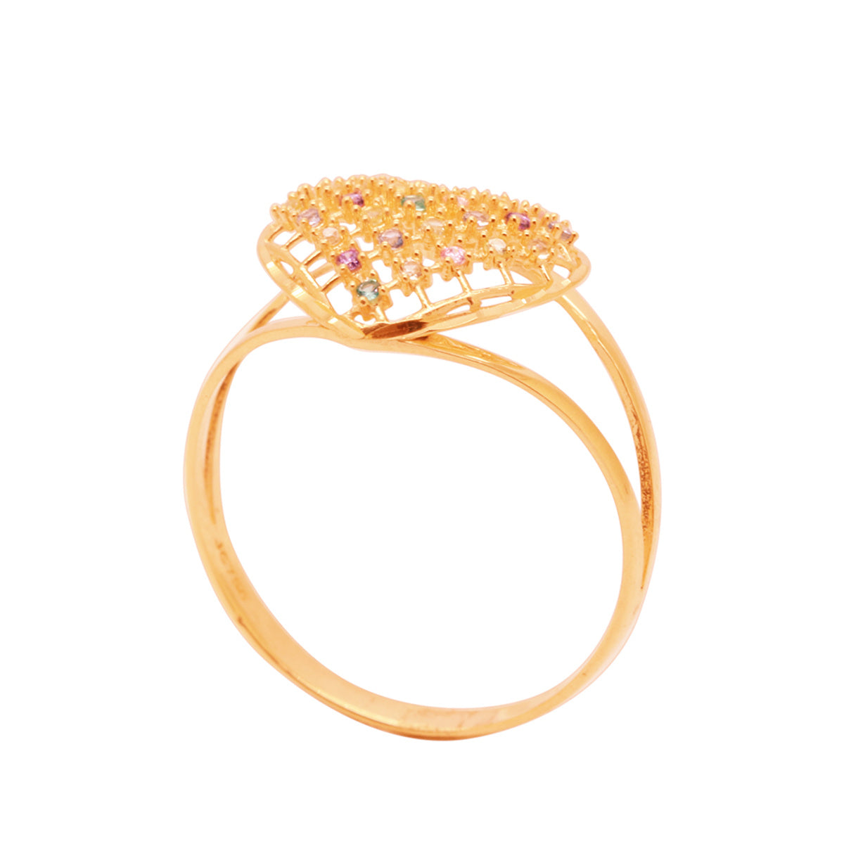 Anel Aro Duplo Chuveiro Coração Zircônias Coloridas em Ouro 18K