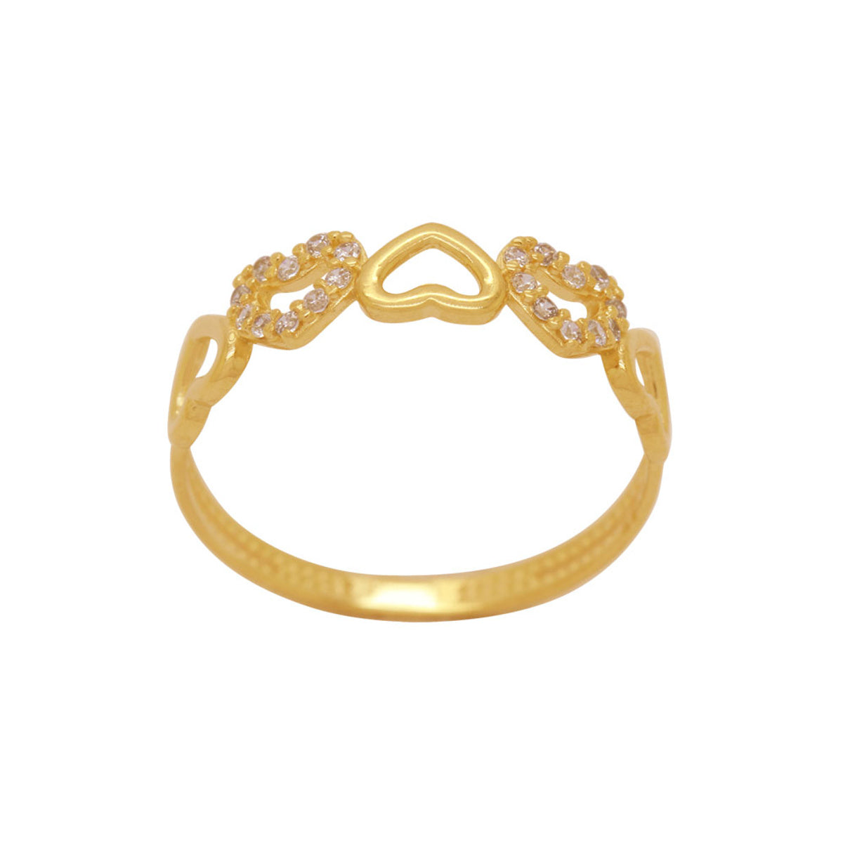 Anel Aro Duplo Corações Zircônias Brancas em Ouro 18K