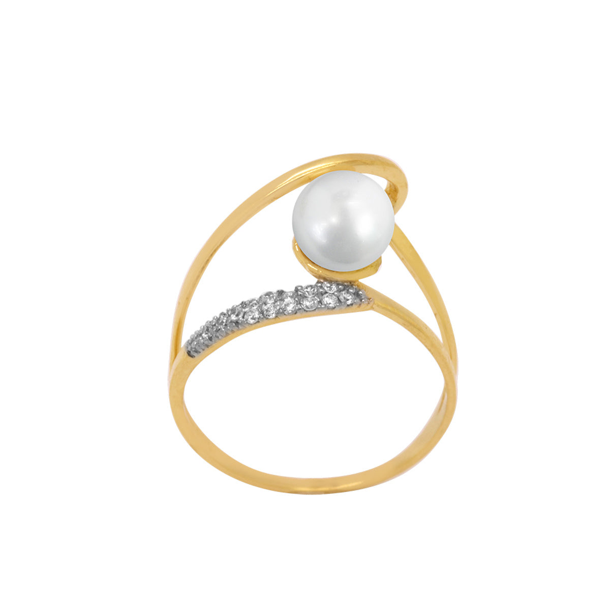 Anel Aro Duplo Desencontrado Liso e Cravejado Zircônias Pérola 6 mm em Ouro 18K