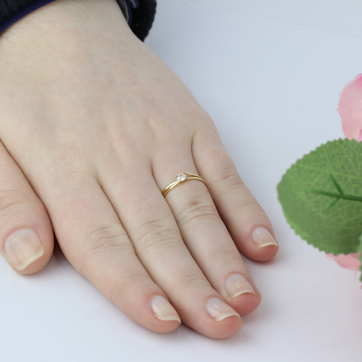Anel Aro Duplo Solitário Zircônia Branca 3 mm em Ouro 18K