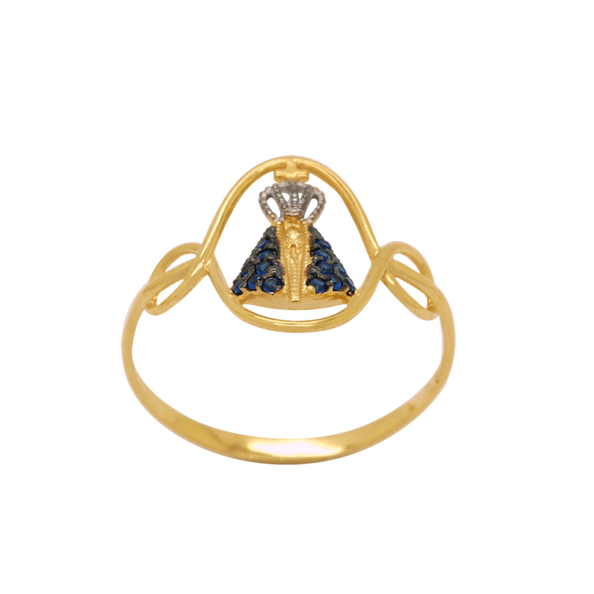 Anel Aro Entrelaçado N. Sra. Aparecida Oval Cravejado Zircônias Rodinado em Ouro 18K
