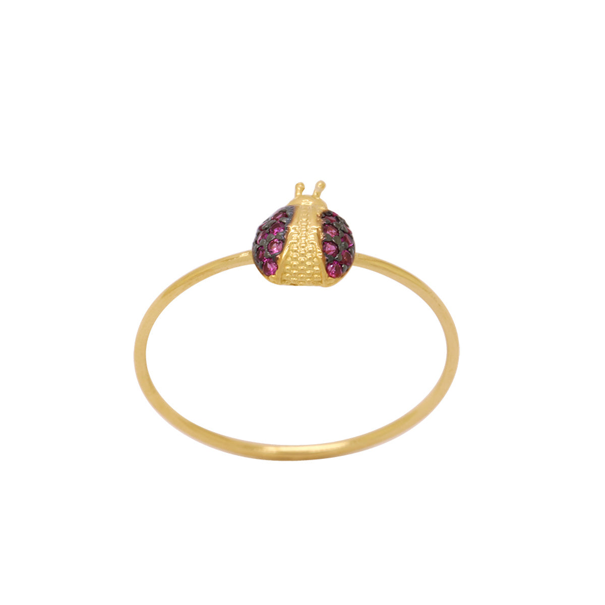 Anel Aro Fino Joaninha Zircônias Vermelhas Rodinado em Ouro 18K