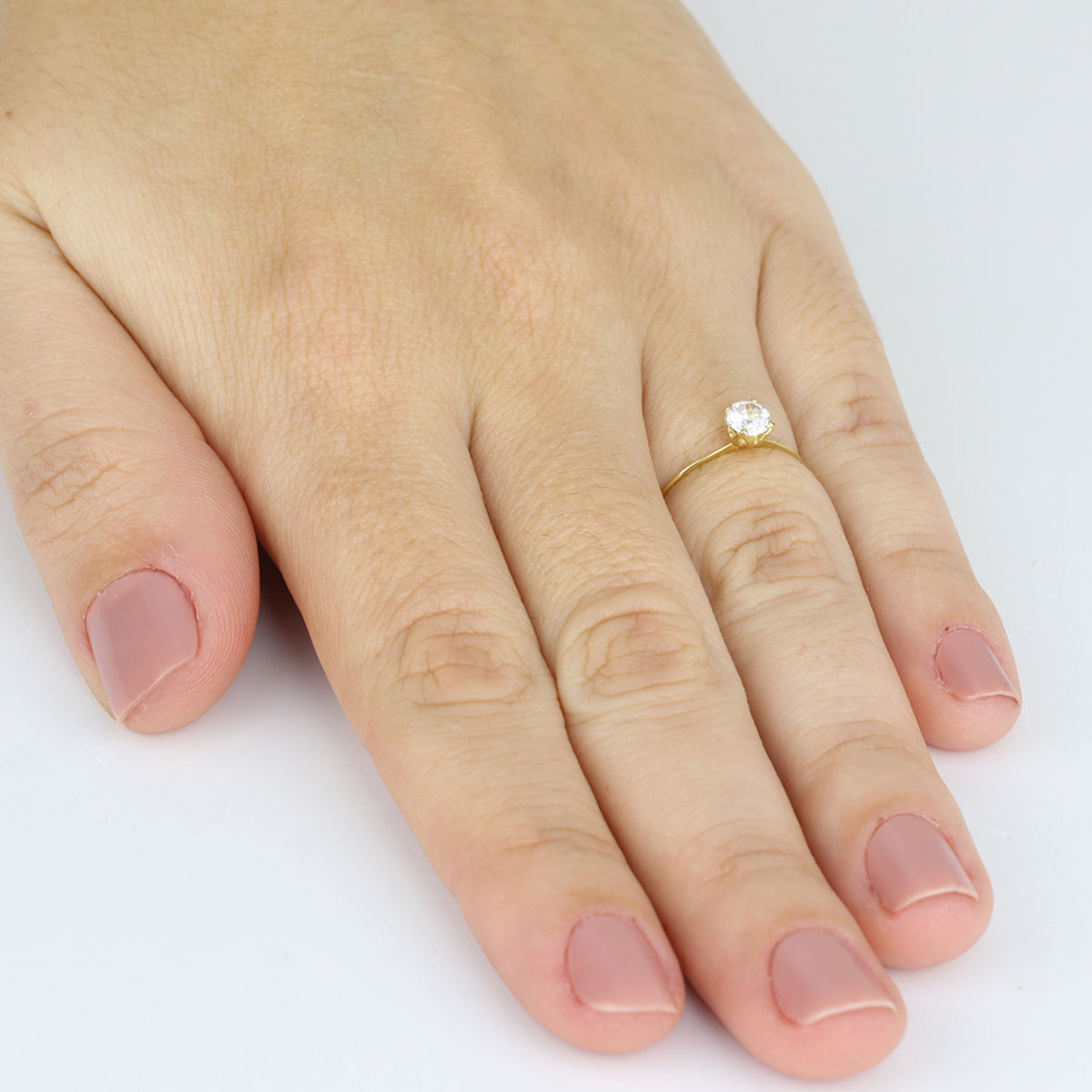 Anel Aro Fino Solitário Redonda Zircônia Branca 4,5 mm em Ouro 18K