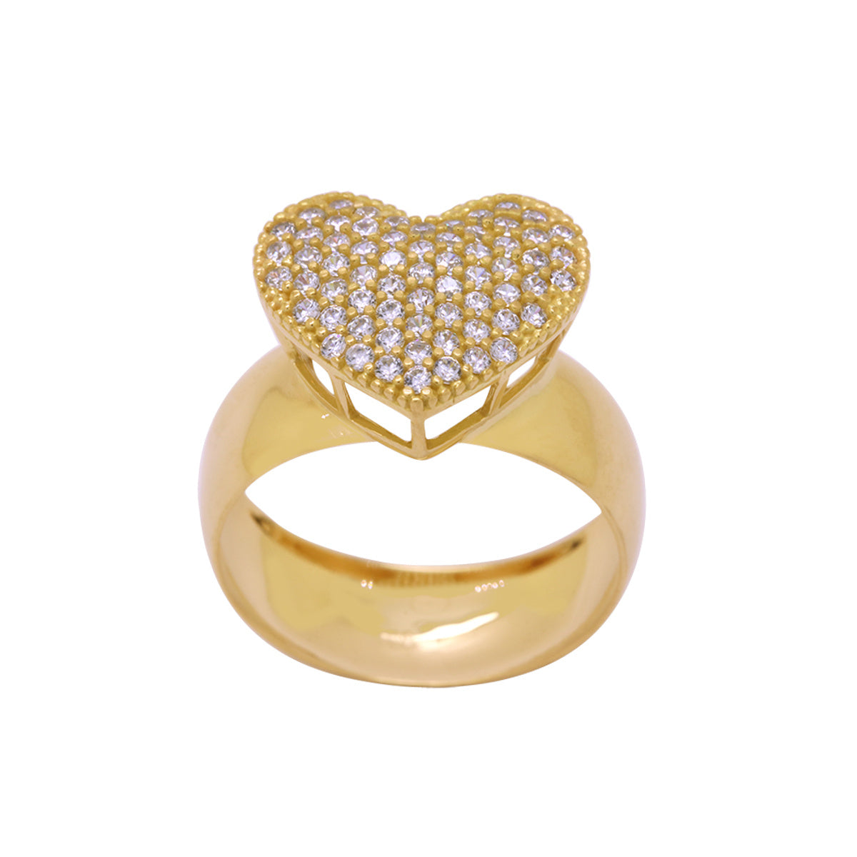 Anel Aro Largo Chuveiro Coração Zircônias Brancas em Ouro 18K