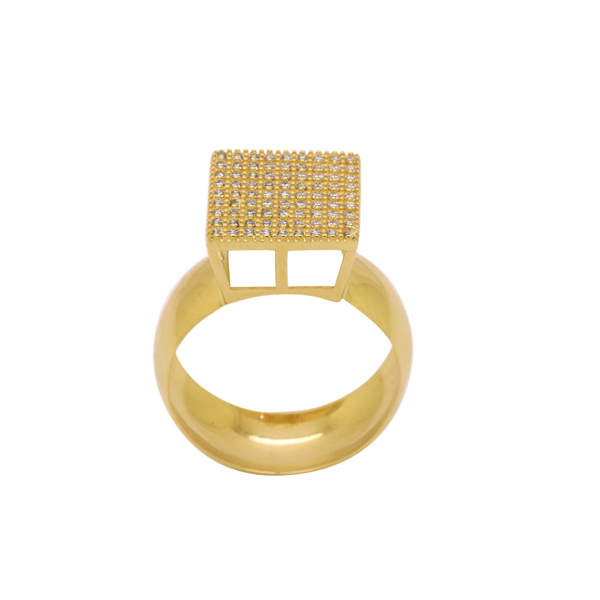 Anel Aro Largo Chuveiro Quadrado Zircônias Brancas em Ouro 18K